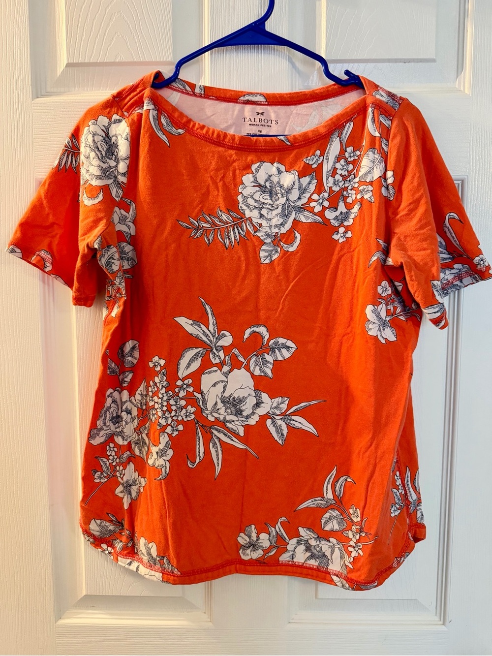 Talbots Orange Floral Short Sleeve Tee with White Blooms